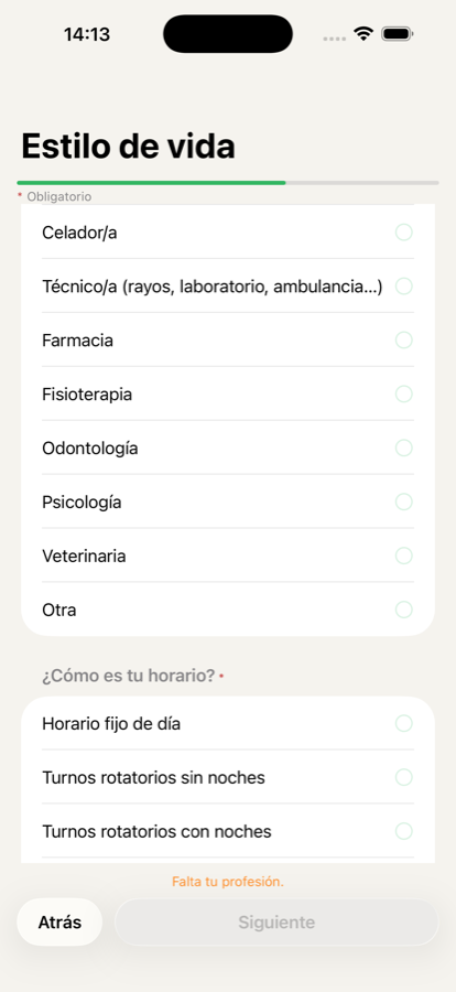 Formulario inicial preguntando la profesión sanitaria y el tipo de turno