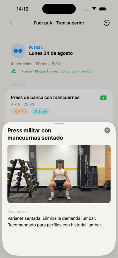 Ficha de un ejercicio con su vídeo de técnica y la descripción